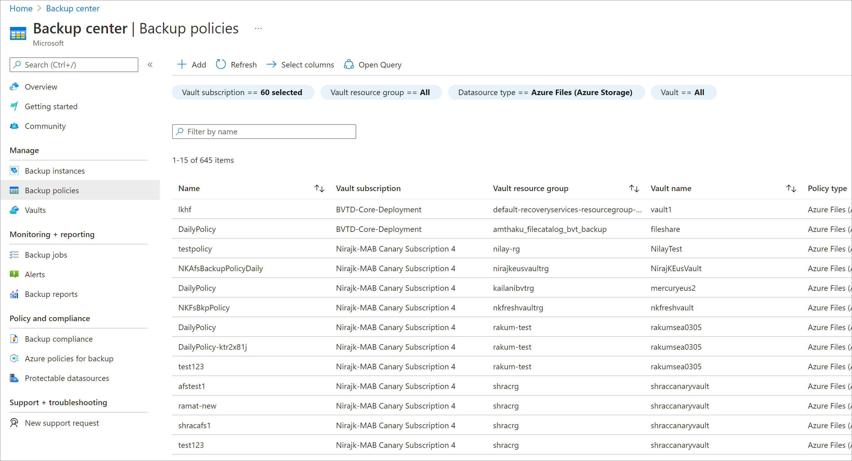 Screenshot showing all Backup policies in vault.