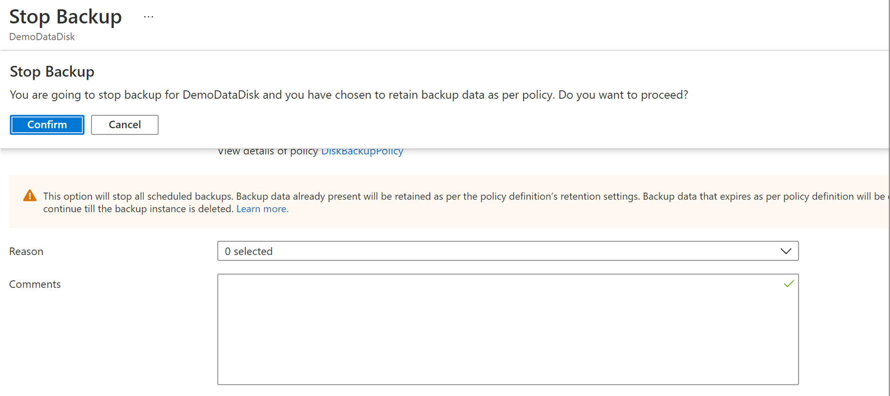 Screenshot showing the options for disk backup instance retention to be selected.