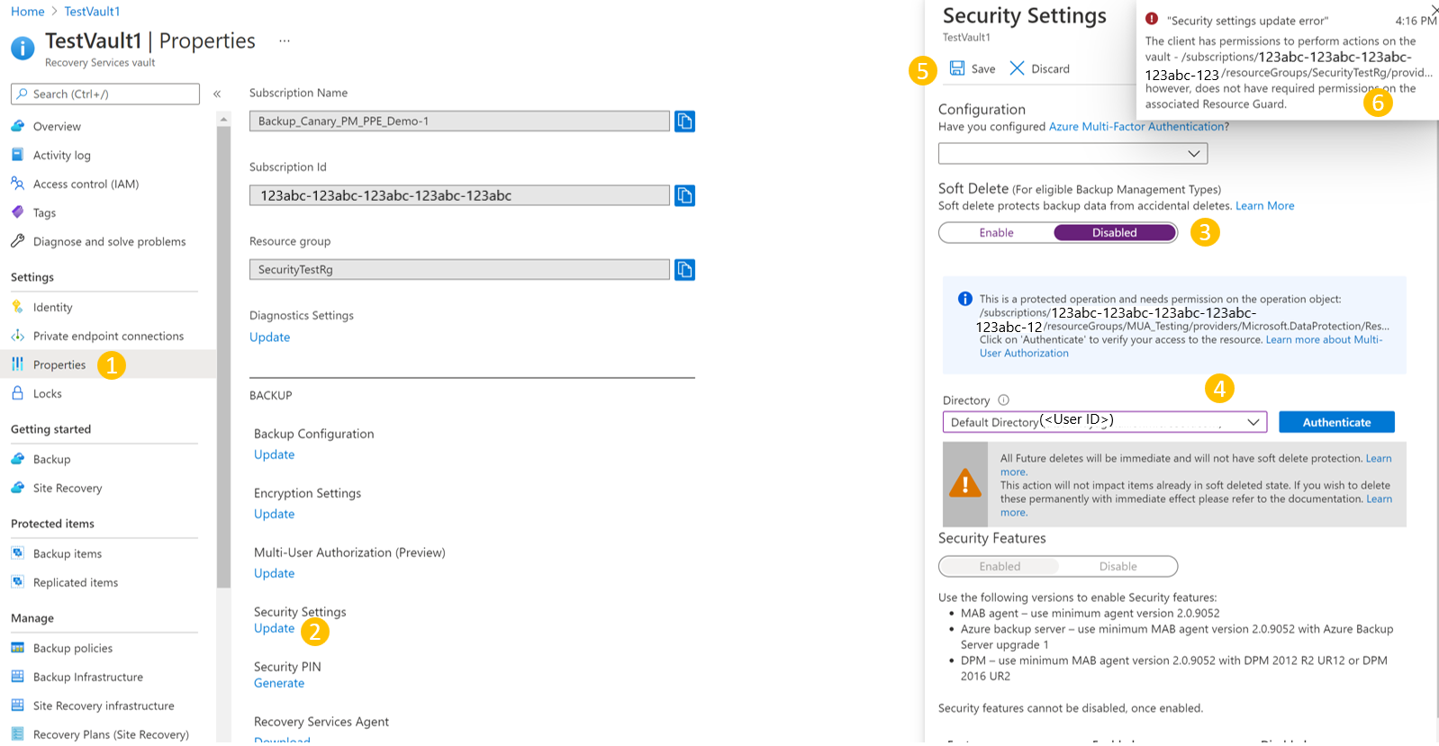 Screenshot showing the Test Vault properties security settings.