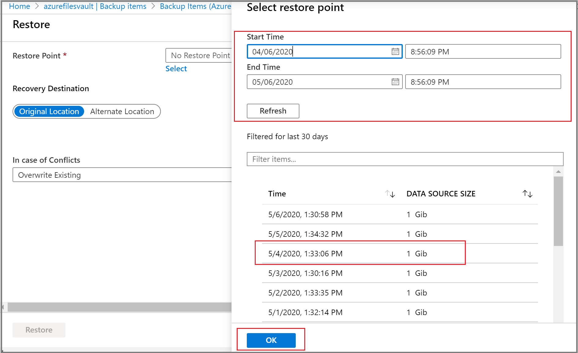 Screenshot shows how to select restore point.