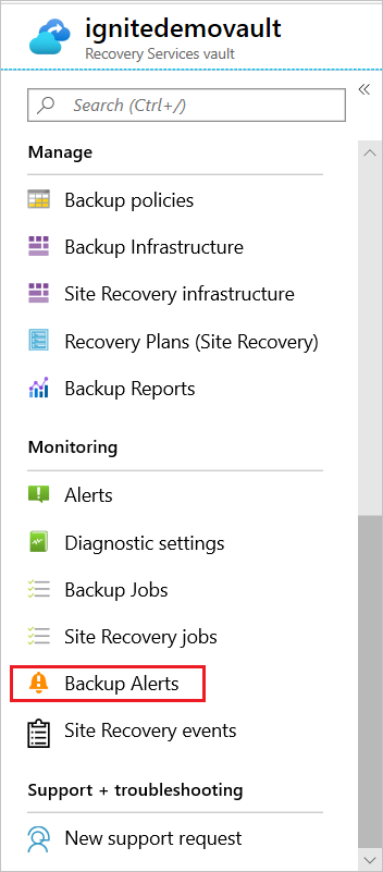 Screenshot that shows the 'Backup Alerts' link on the Recovery Services vault dashboard.