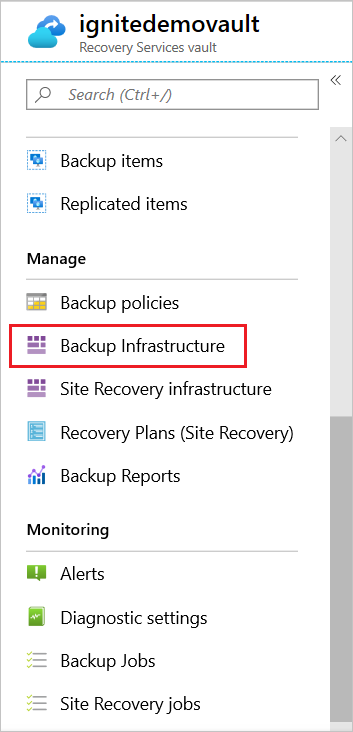 Screenshot that shows the 'Backup Infrastructure' link on the Recovery Services dashboard.