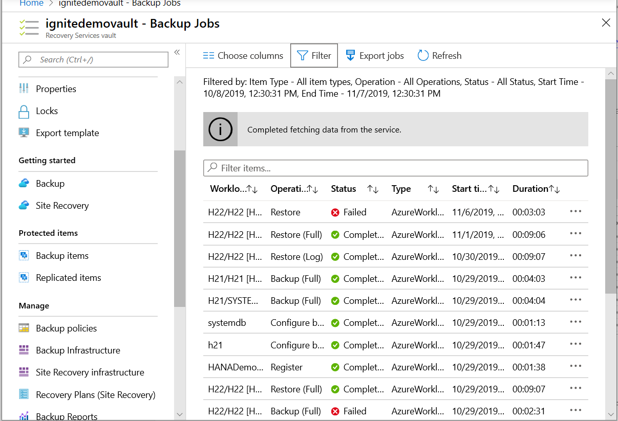 Screenshot showing jobs including database discovery and registering, and backup and restore operations.