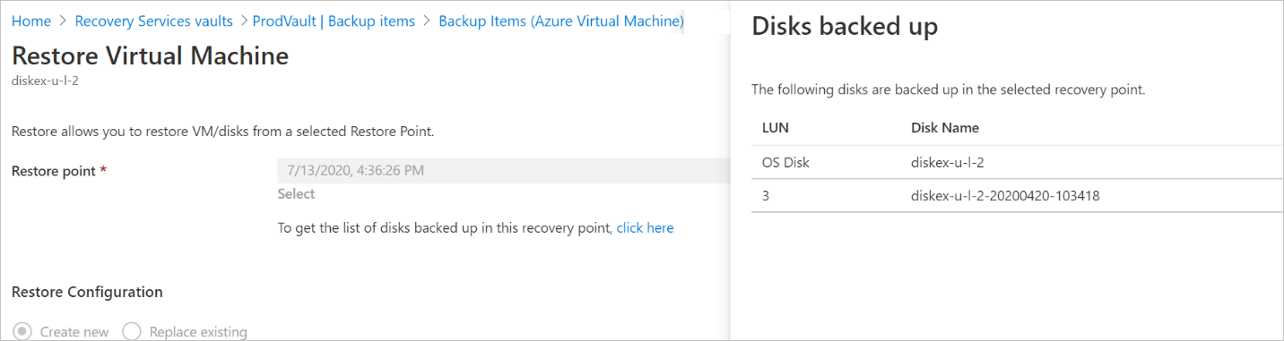 The option to restore VM and replace existing aren't available during the restore operation