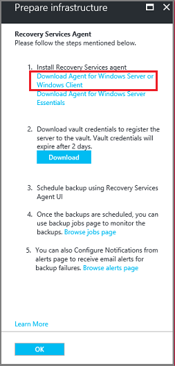 Screenshot shows how to download MARS agent for Windows Server or Windows Client.