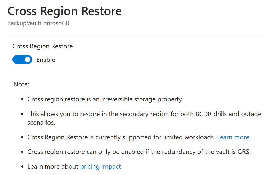 Screenshot shows the Enable cross region restore option.