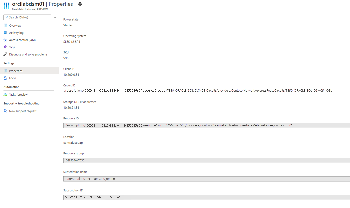 Screenshot showing the BareMetal instance property settings.