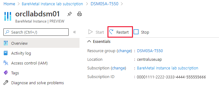 Screenshot showing how to restart the BareMetal instance.