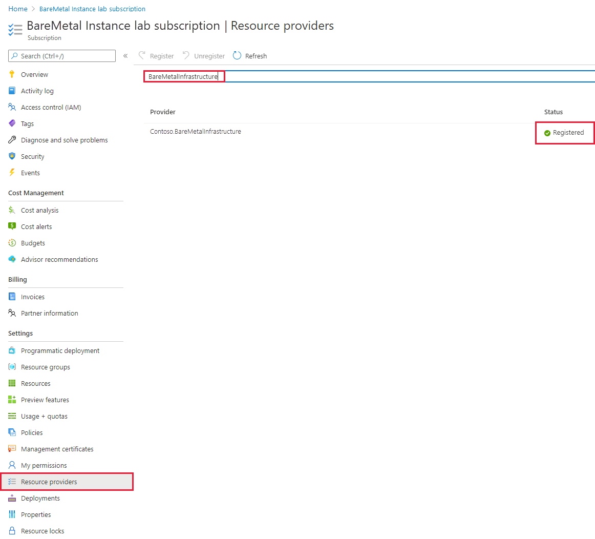 Screenshot showing the BareMetal instances registered.