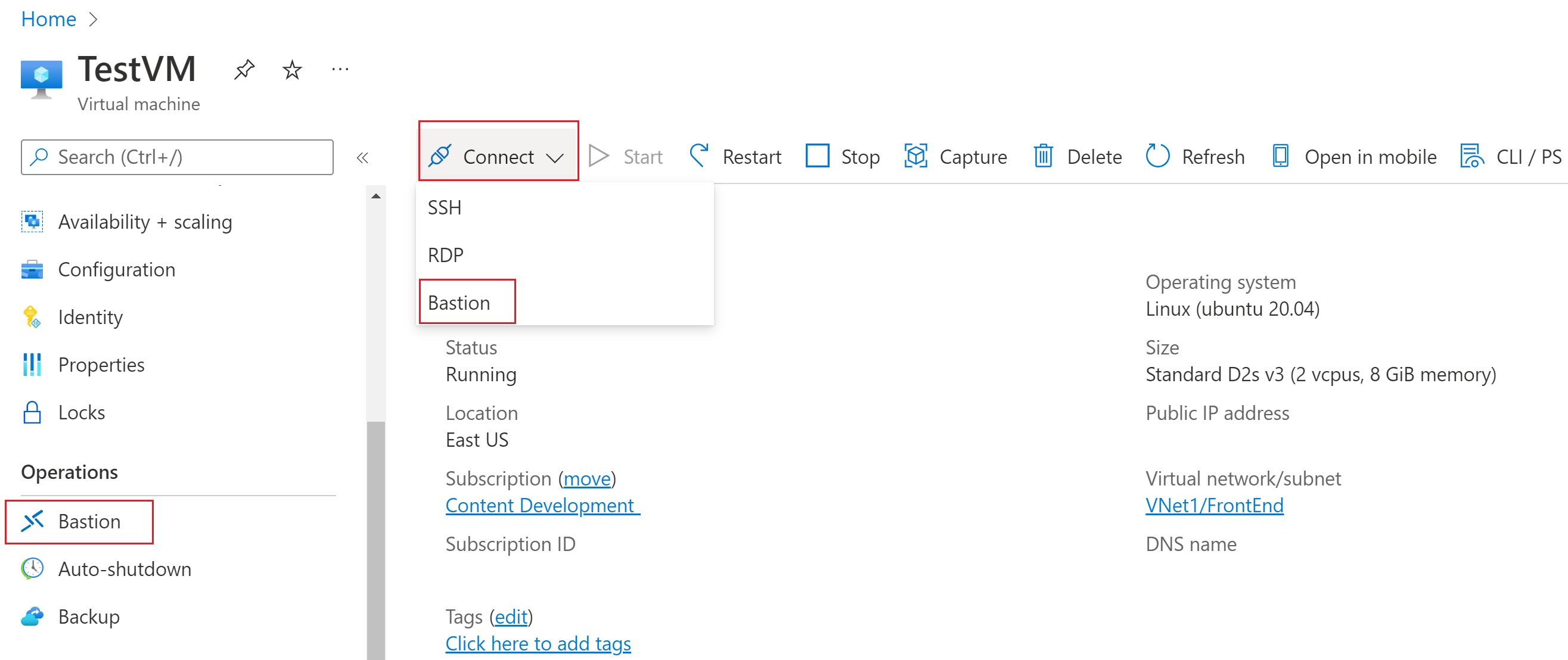Screenshot shows the overview for a virtual machine in Azure portal with Connect selected