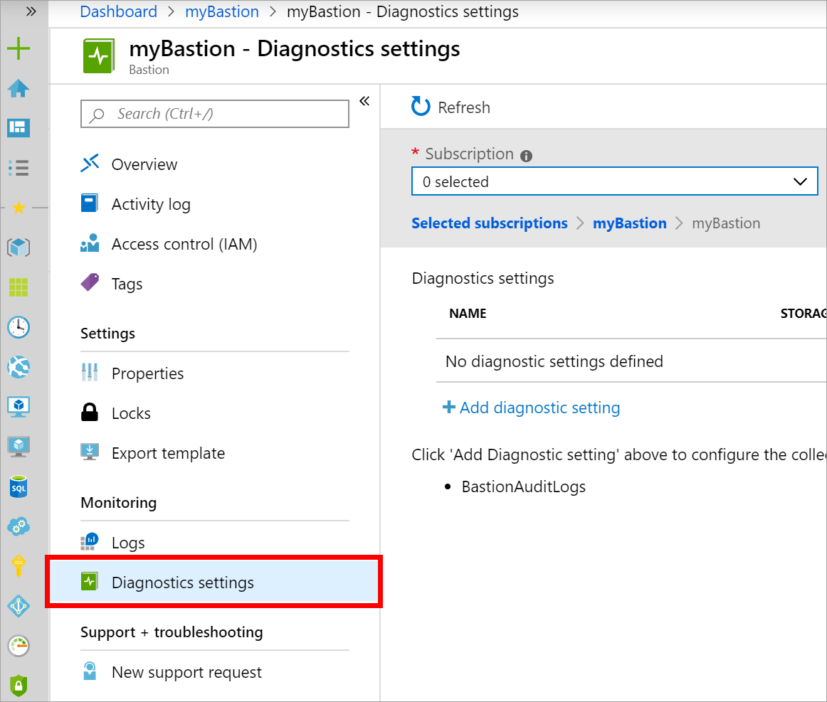 Screenshot that shows the "Diagnostics settings" page.