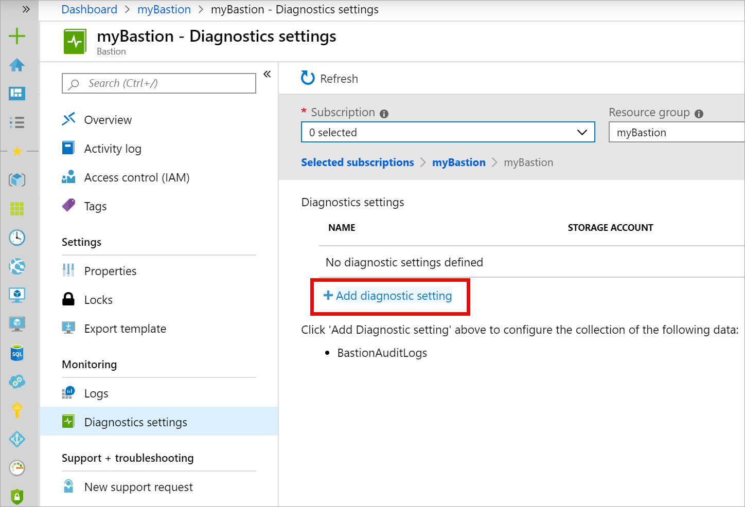 Screenshot that shows the "Diagnostics settings" page with the "Add diagnostic setting" button selected.
