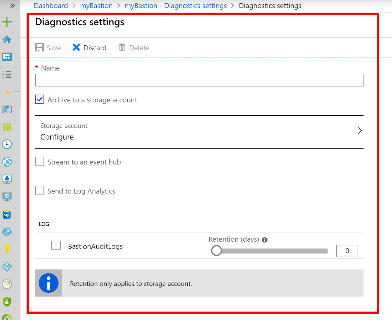 Screenshot of the "Diagnostics settings" page with the section to select a storage location highlighted.