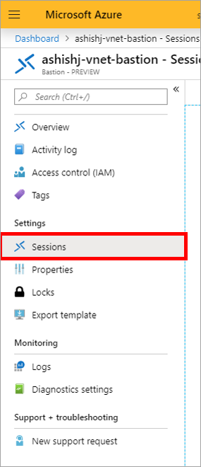 Screenshot shows the Azure portal with Sessions selected under Settings.