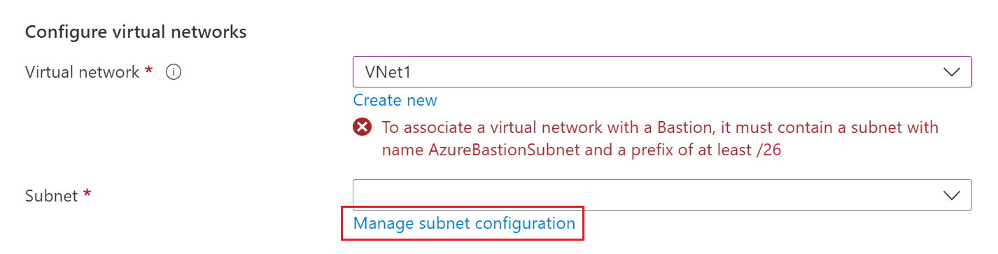 Screenshot of configure virtual networks section.