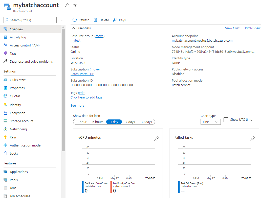 Screenshot of the Batch account page in the Azure portal.