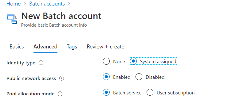 Screenshot of a new Batch account with system assigned identity type.