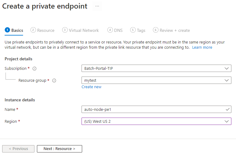 Screenshot of creating a private endpoint - Basics pane.
