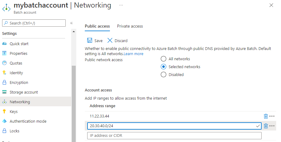 Screenshot of public access with Batch account.