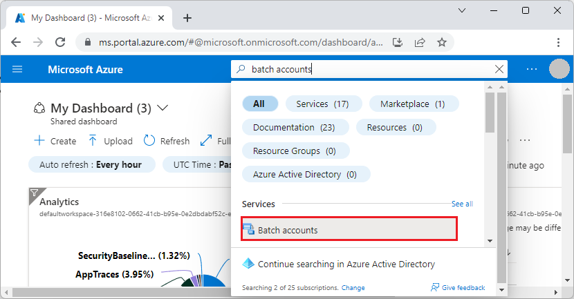 Screenshot of selecting Batch accounts in the Azure portal.