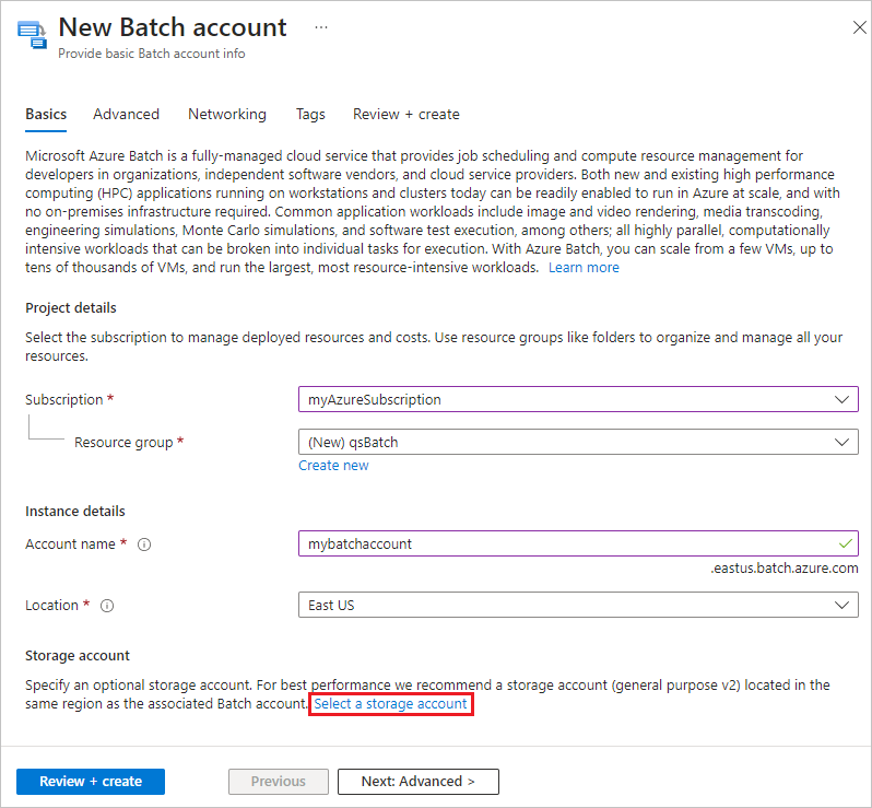 Screenshot of the New Batch account page in the Azure portal.
