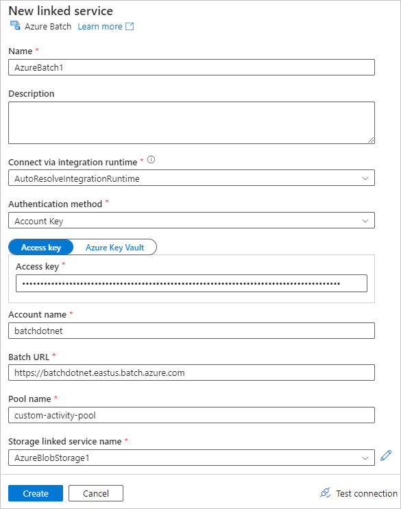 In the Azure Batch tab, add the Batch Account that was created in the previous steps, then test connection