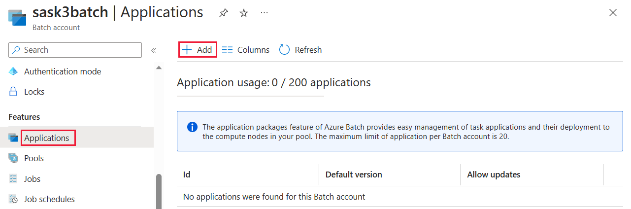 Screenshot of the Applications section of the batch account.