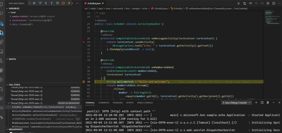 A screenshot of a Java bot in Visual Studio Code, paused at a break point.