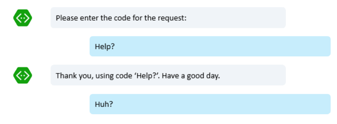 Example of a clueless bot accepting 'help' as a product code.