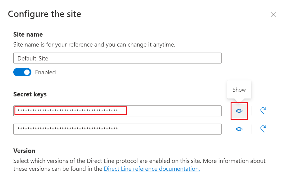 Screenshot of configuration settings for a Direct Line site.