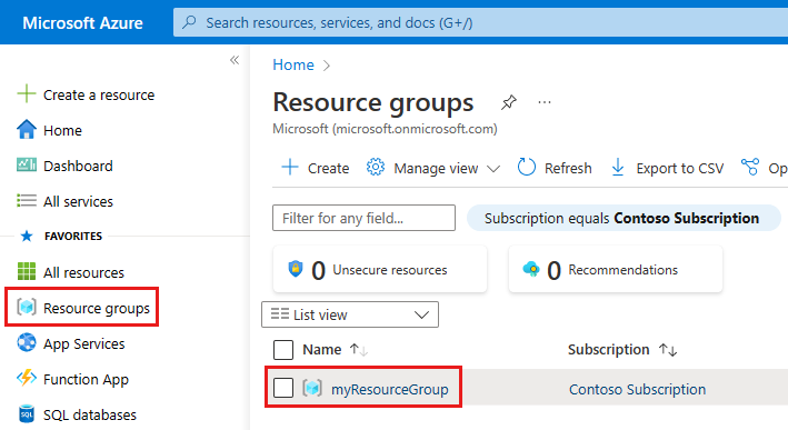 Screenshot of selecting resource group from left menu pane in the portal.