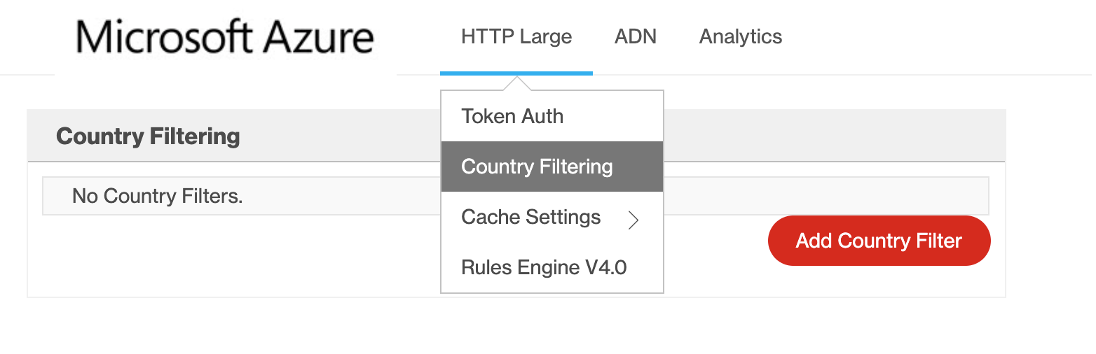 Screenshot shows how to select country filtering in Azure CDN