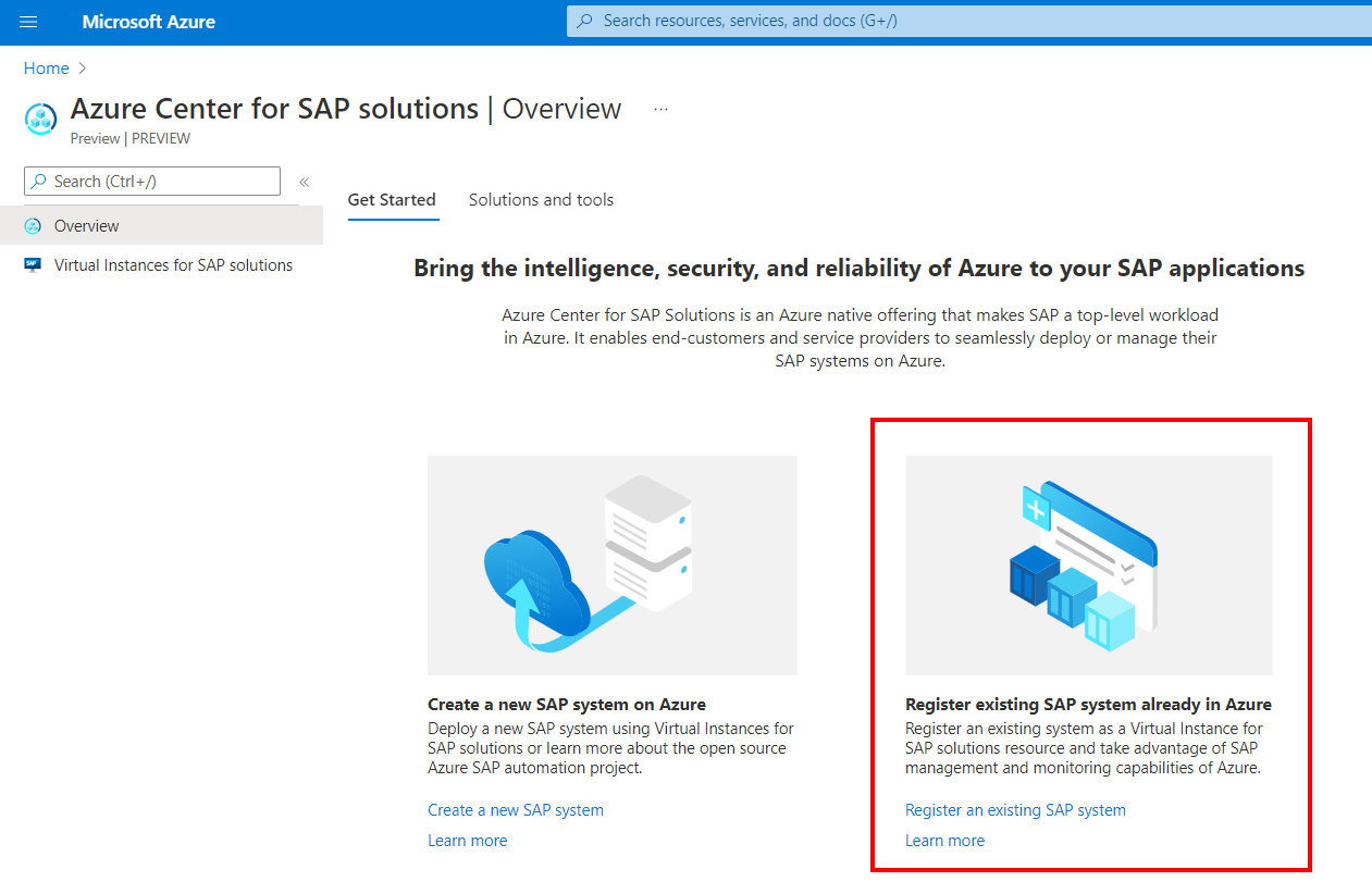 Screenshot of Azure Center for SAP solutions service overview page in the Azure portal, showing button to register an existing SAP system.