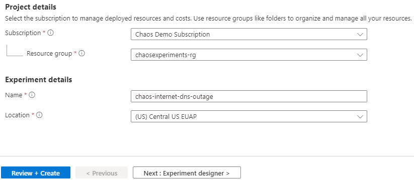 Screenshot that shows creating an experiment in the Azure portal.