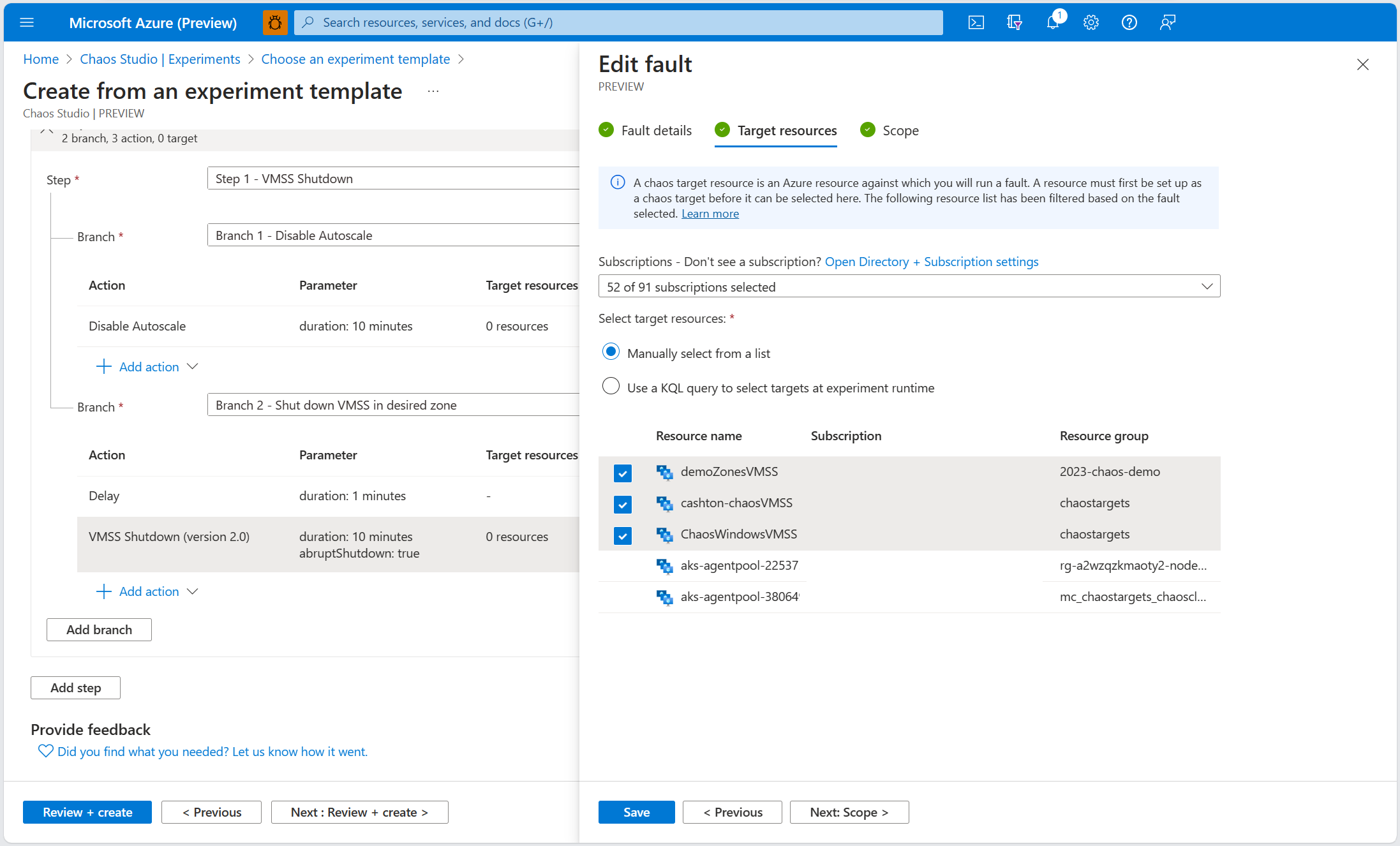 Screenshot that shows the list-based manual target selection option in the Azure portal.