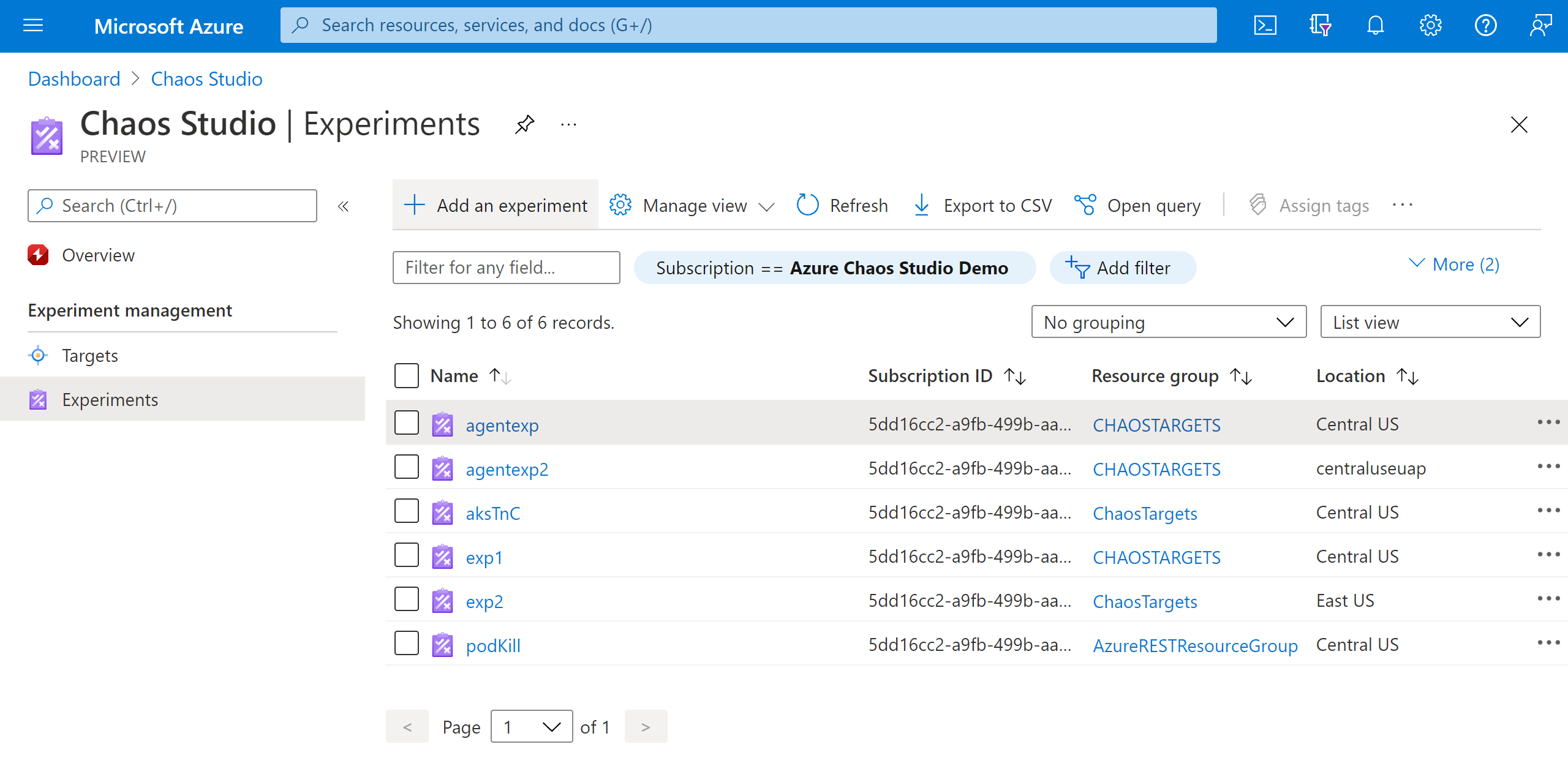 Screenshot that shows the Experiments view in the Azure portal.