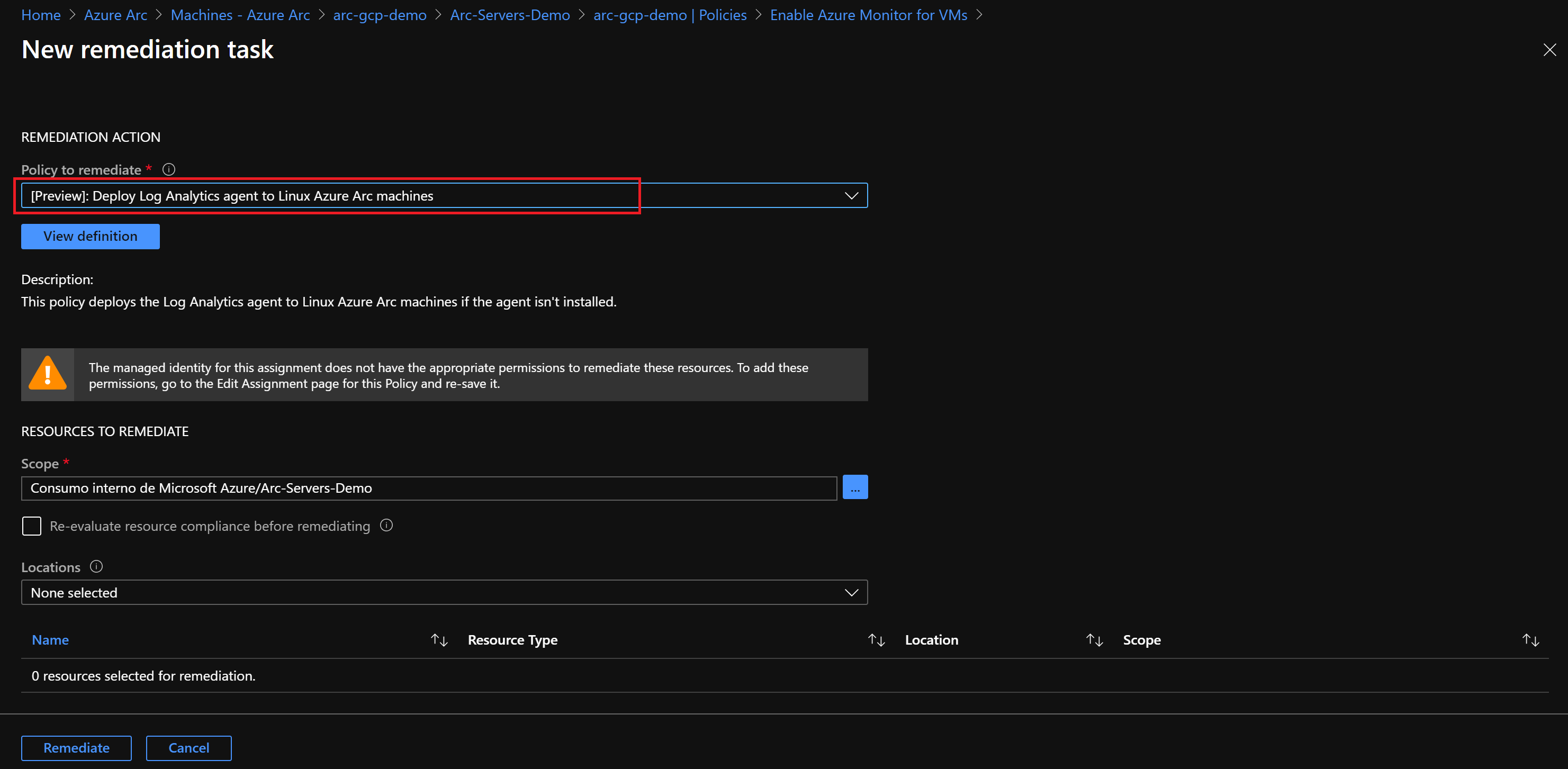 A screenshot of an Azure Policy remediation action within a remediation task.