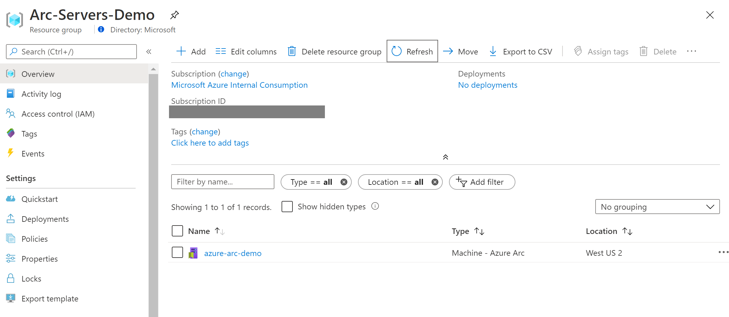 A screenshot showing an Azure Arc-enabled server in the Azure portal.