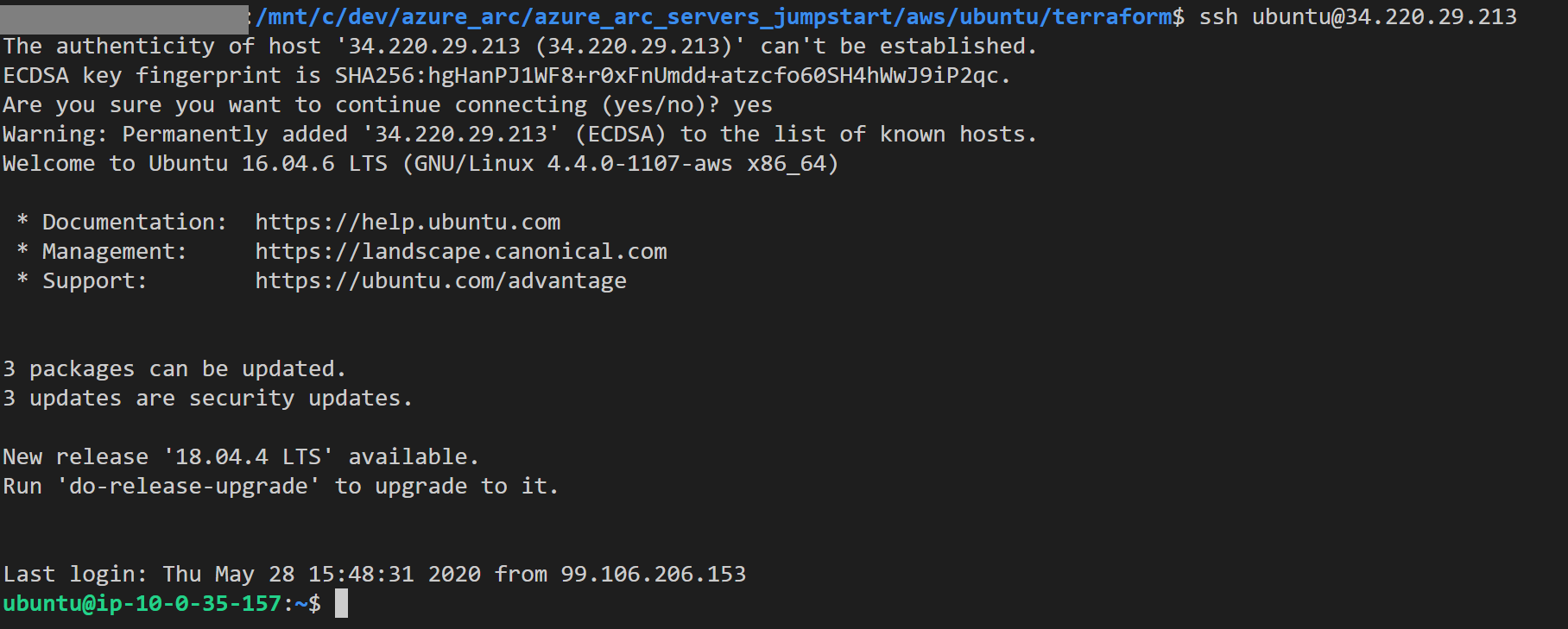 A screenshot of an SSH key connecting to an EC2 server.
