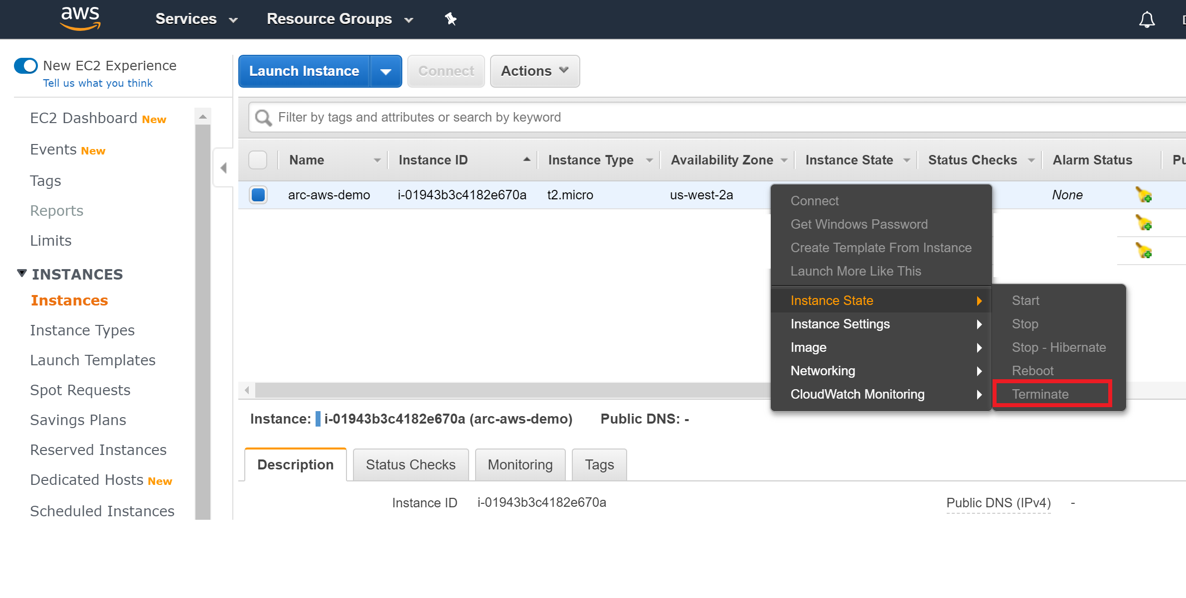 A screenshot of how to terminate an instance in the AWS console.