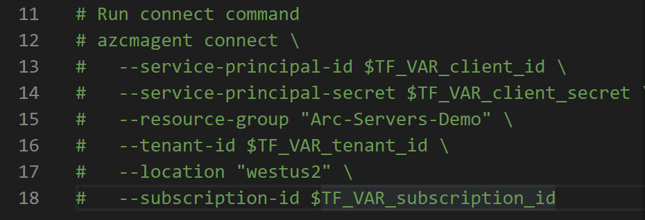 A screenshot showing main.tf being commented out to disable automatic onboarding of an Azure Arc agent.