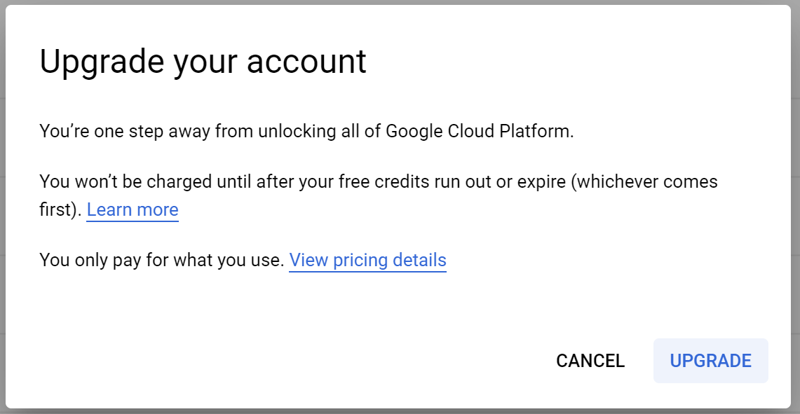 Third screenshot showing how to enable billing on a GCP account.