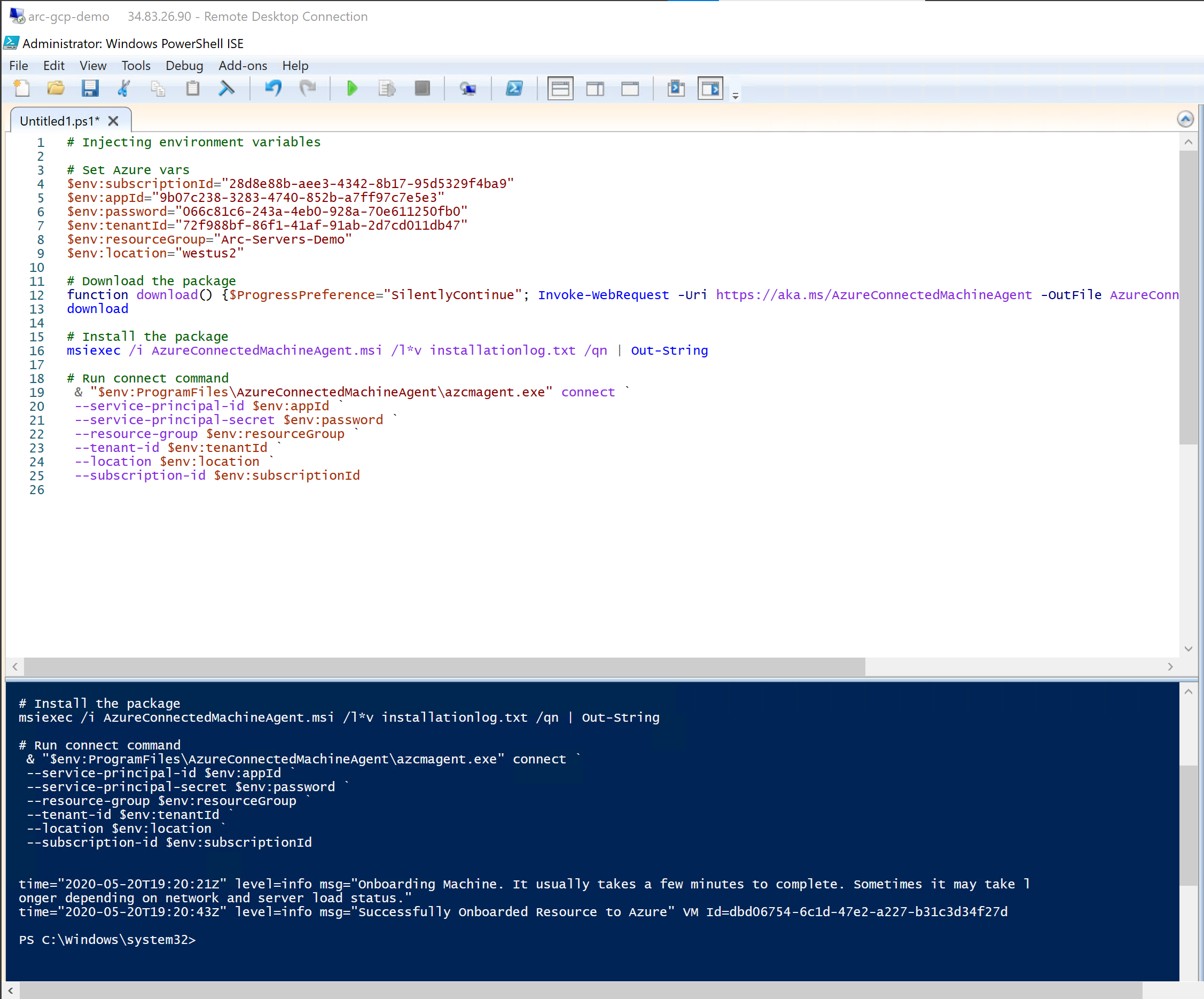 Screenshot showing the Windows PowerShell integrated scripting environment with an Azure Arc agent connection script.