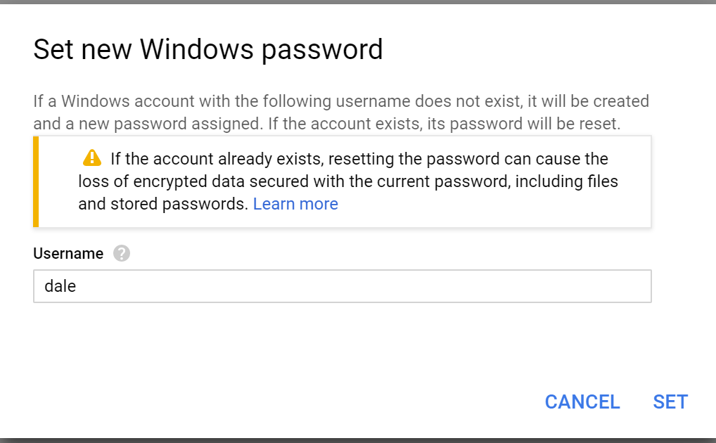 A screenshot showing how to set a username and password for a Windows Server in the GCP console.