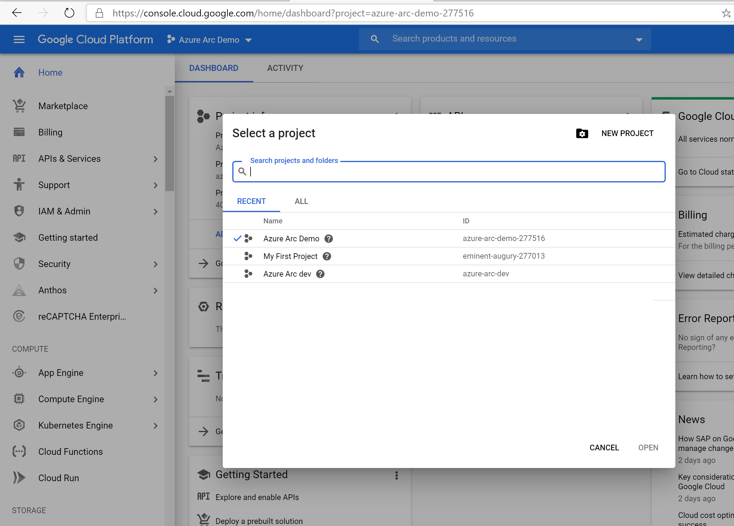First screenshot of the New Project page in the GCP console.