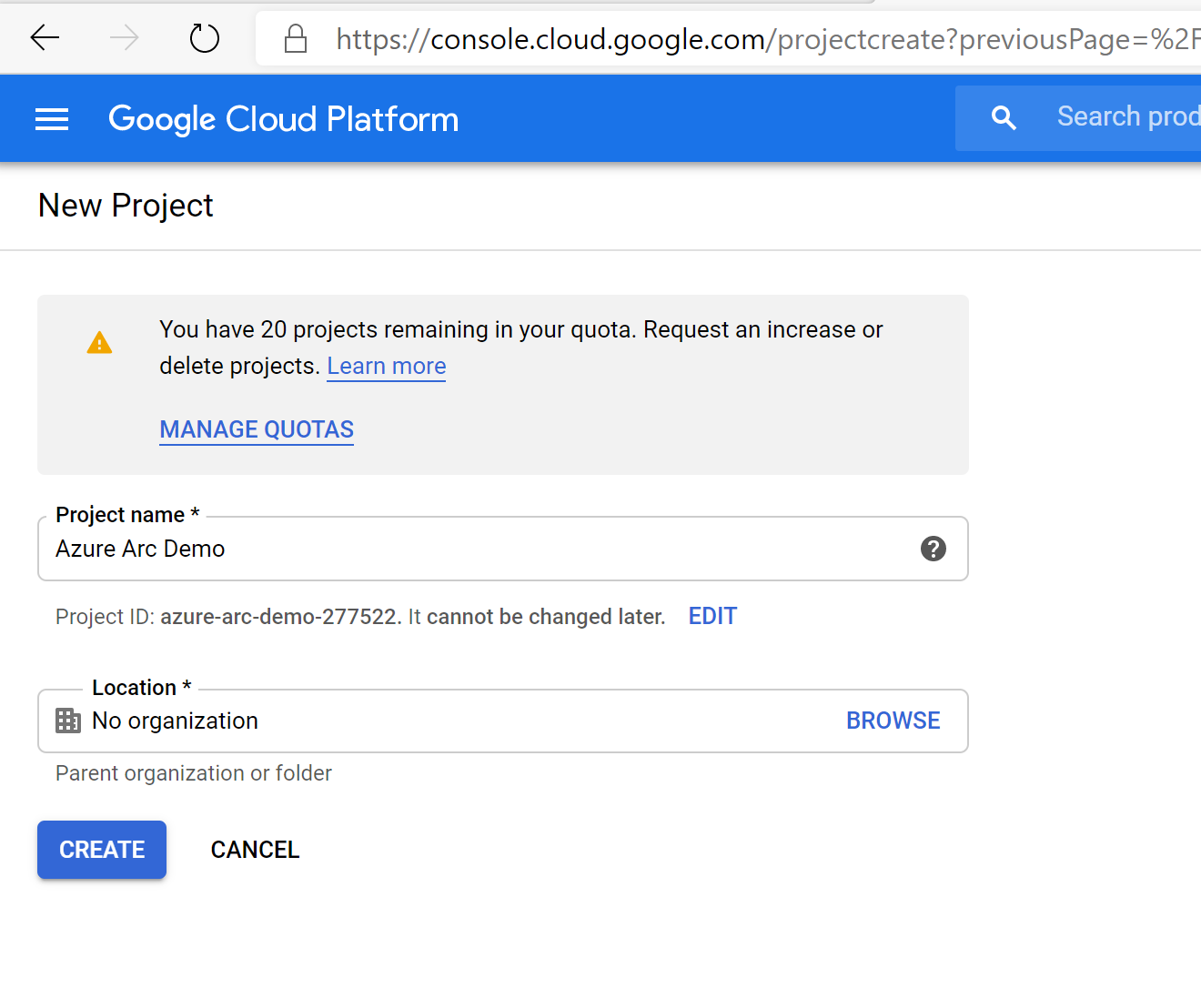 Second screenshot of the New Project page in the GCP console.