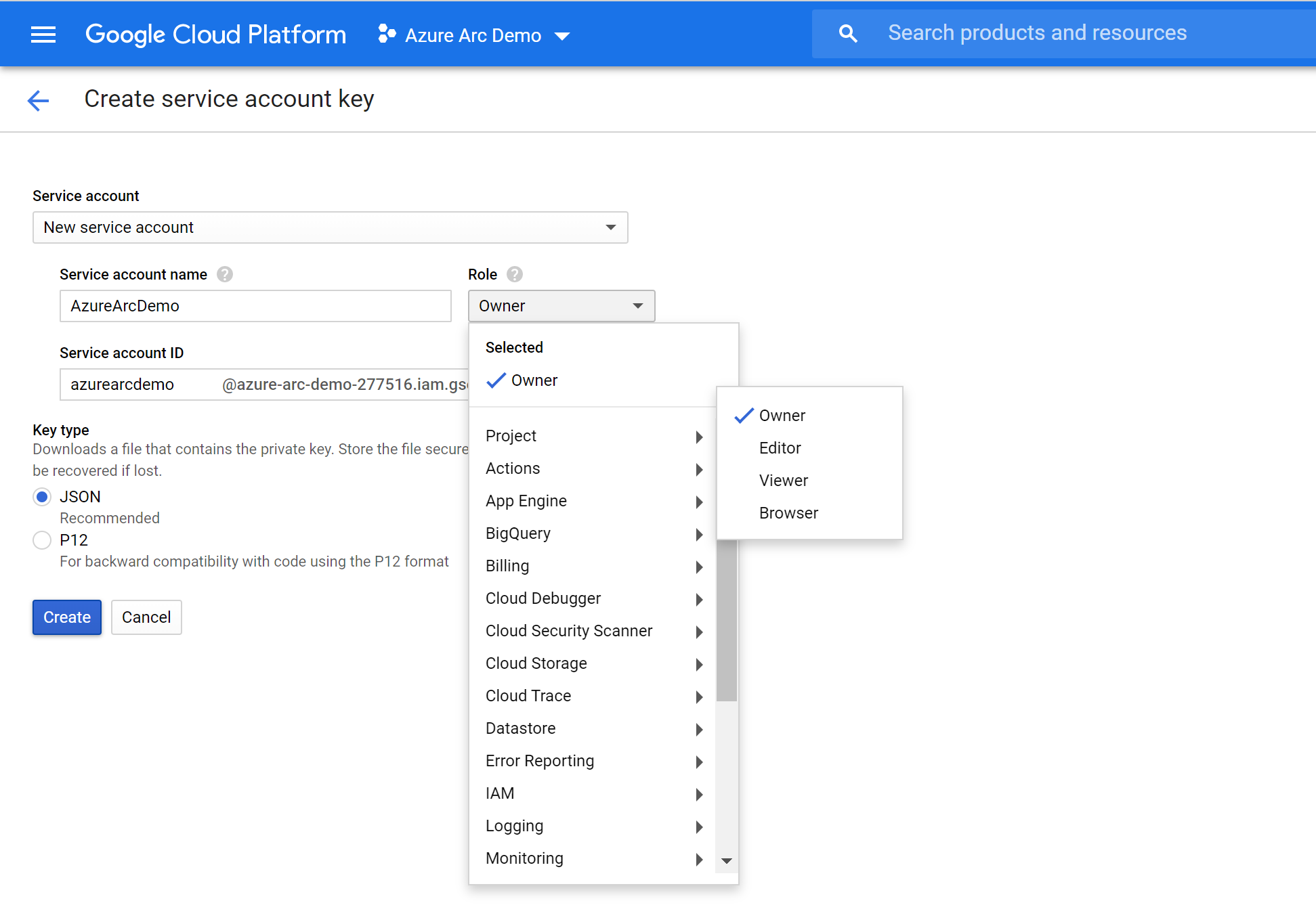 A screenshot of how to create a service account in the GCP console.