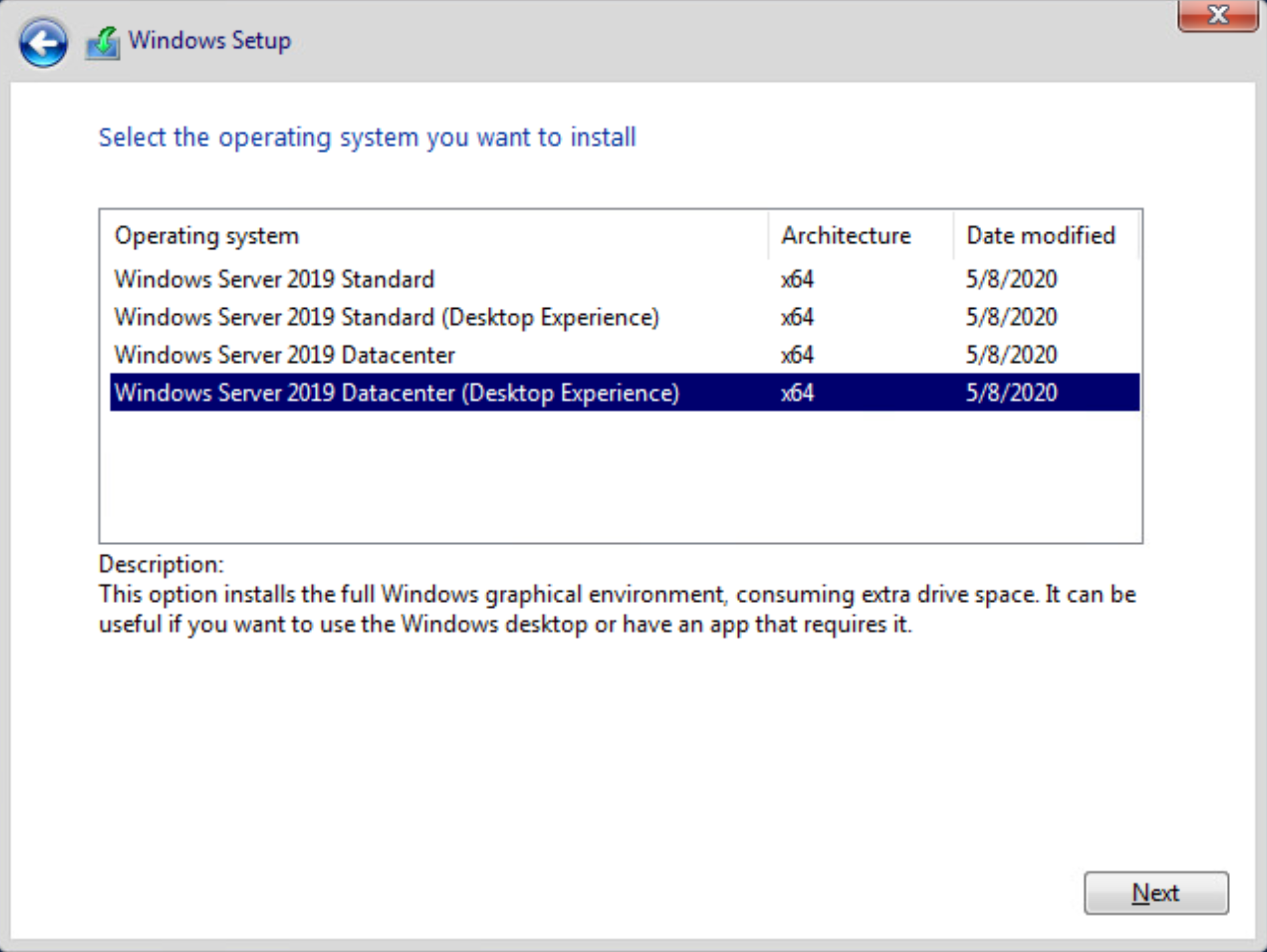 Screenshot of Windows Setup window where you select which operating system you want to install.