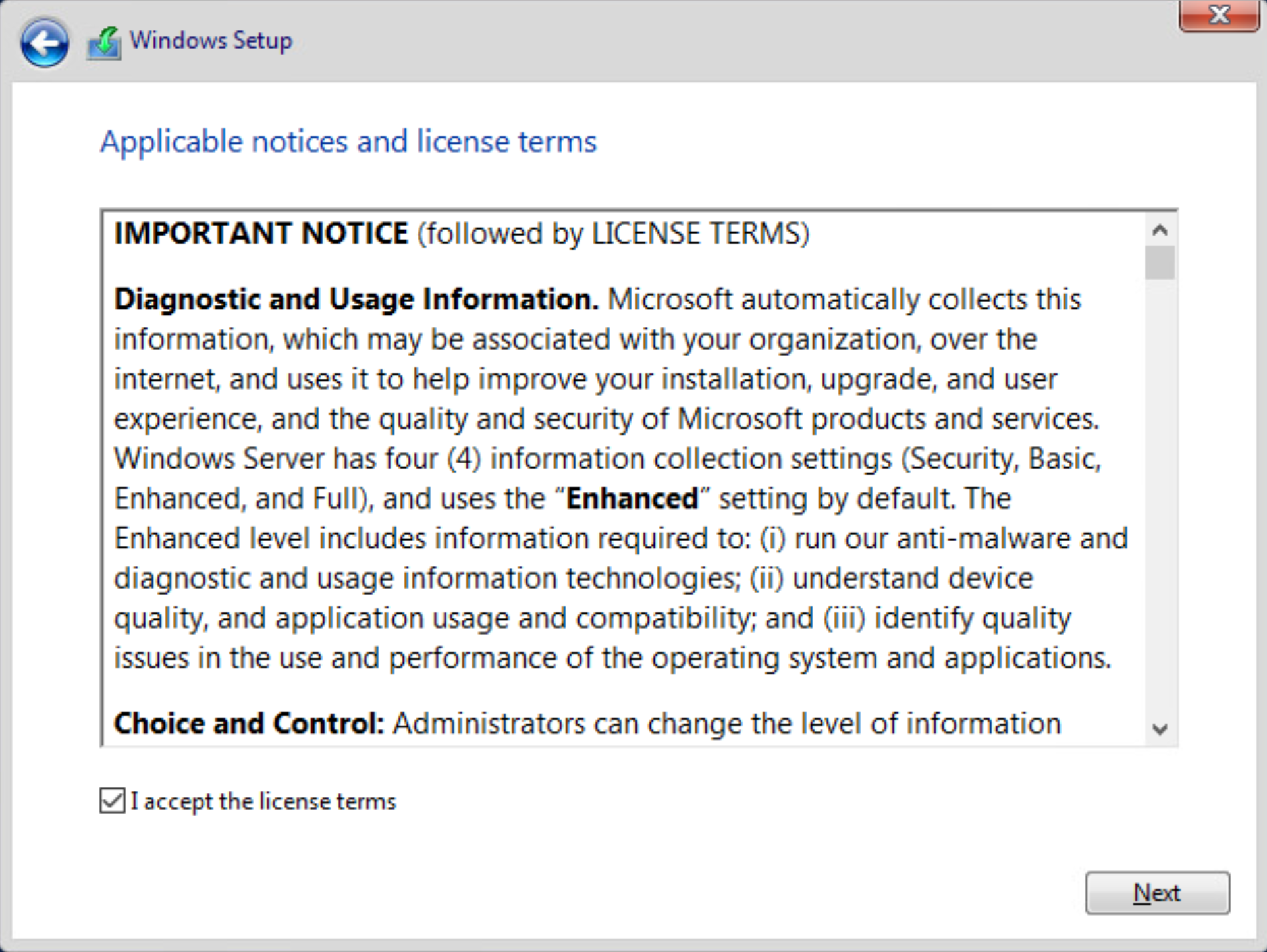 Screenshot of Windows Setup window displaying Applicable notices and license terms.