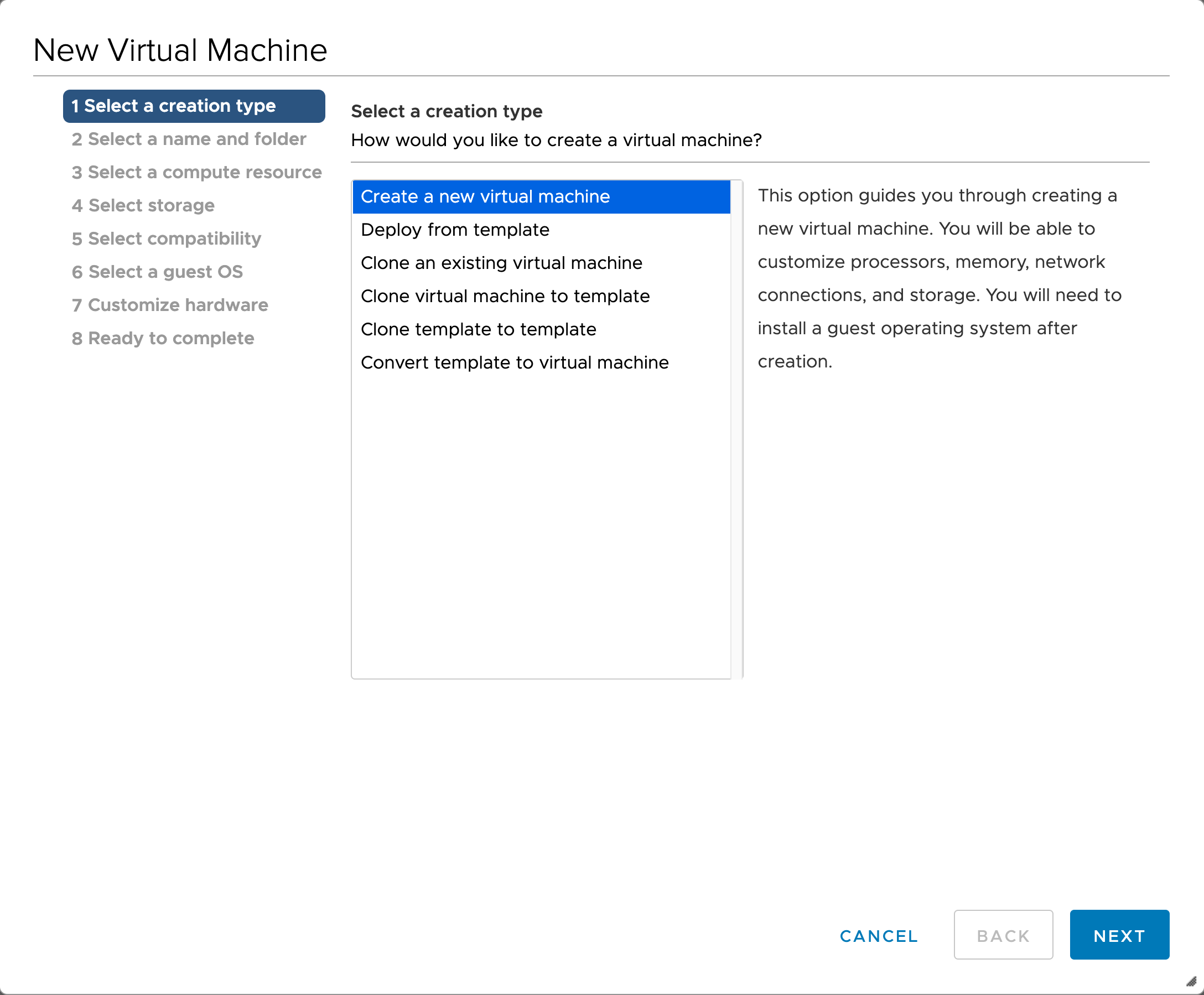 Screenshot of the "Select a creation type" section of the New Virtual Machine creation pane.